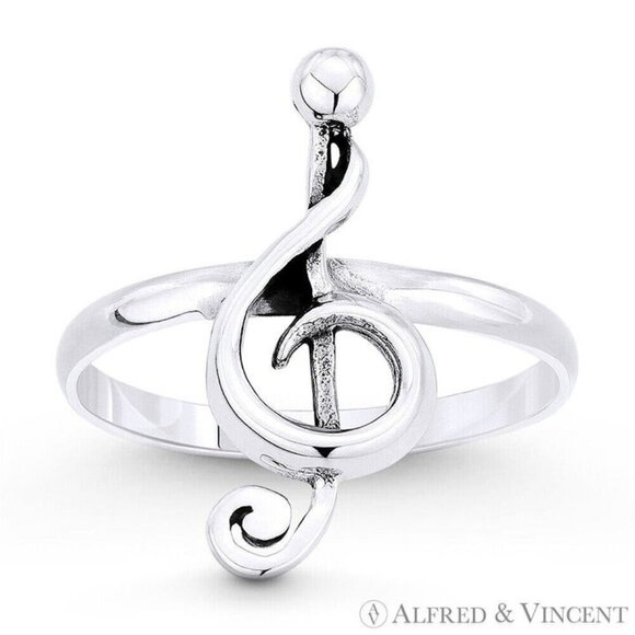 G-Clef Musical Symbol Charm Right-Hand Ring in .925 Sterling Silver - Size 8 - Picture 1 of 1